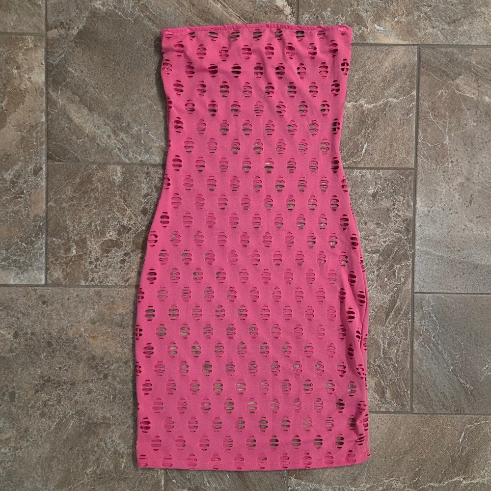 Pink Laser Cut Shredded Bodycon Tube Mini Dress AD-11175 Made in USA S